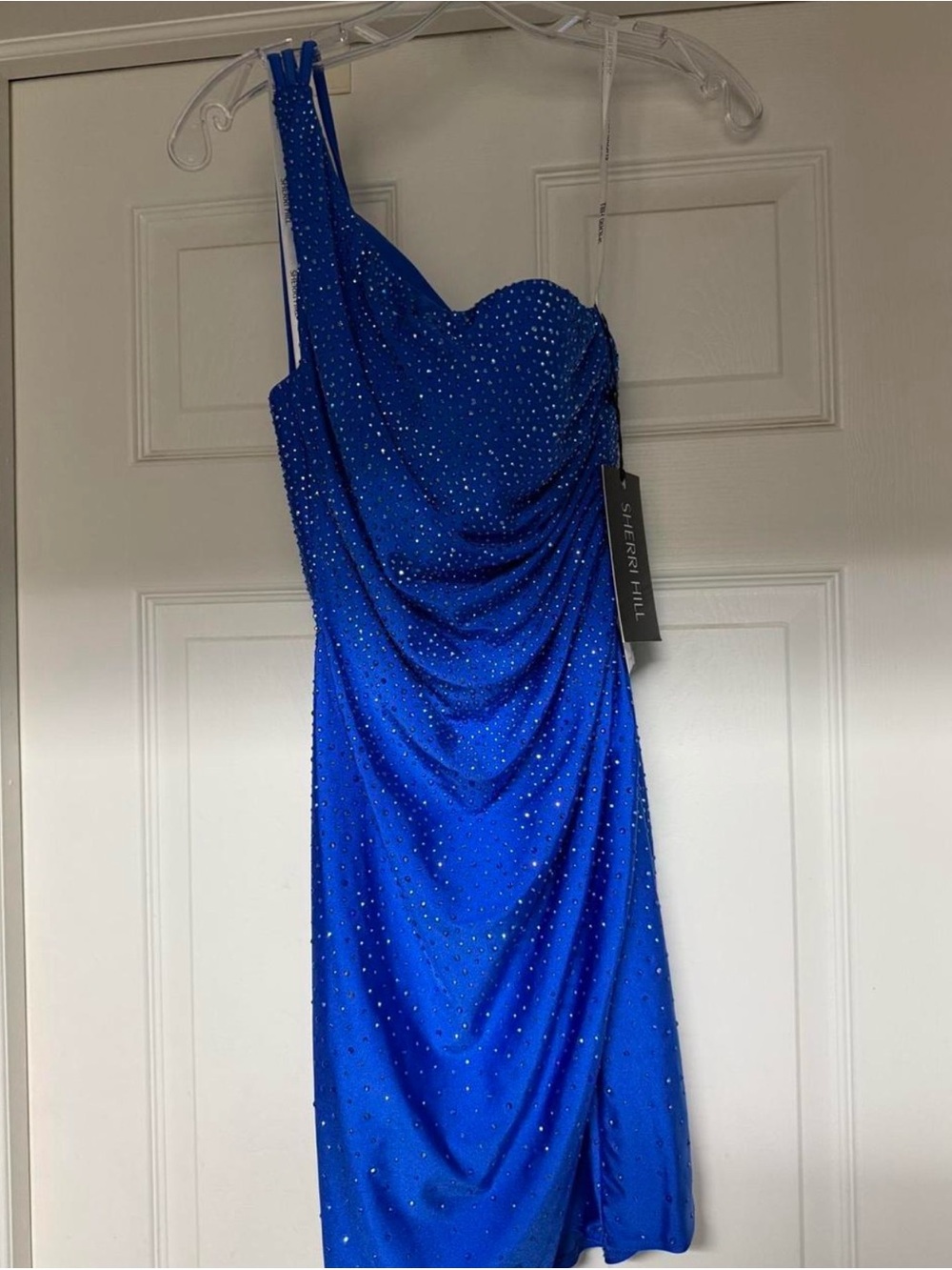 Sherri Hill Cobalt Blue One-Shoulder Draped Cocktail Dress